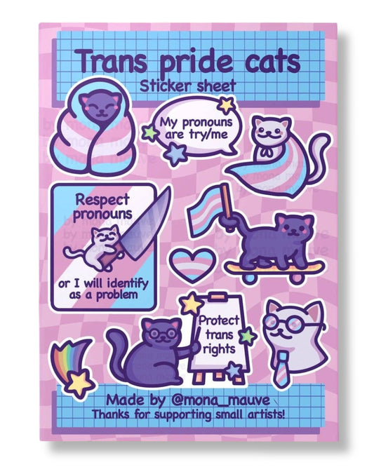 Trans pride cats sticker sheet with colorful design on a pink background