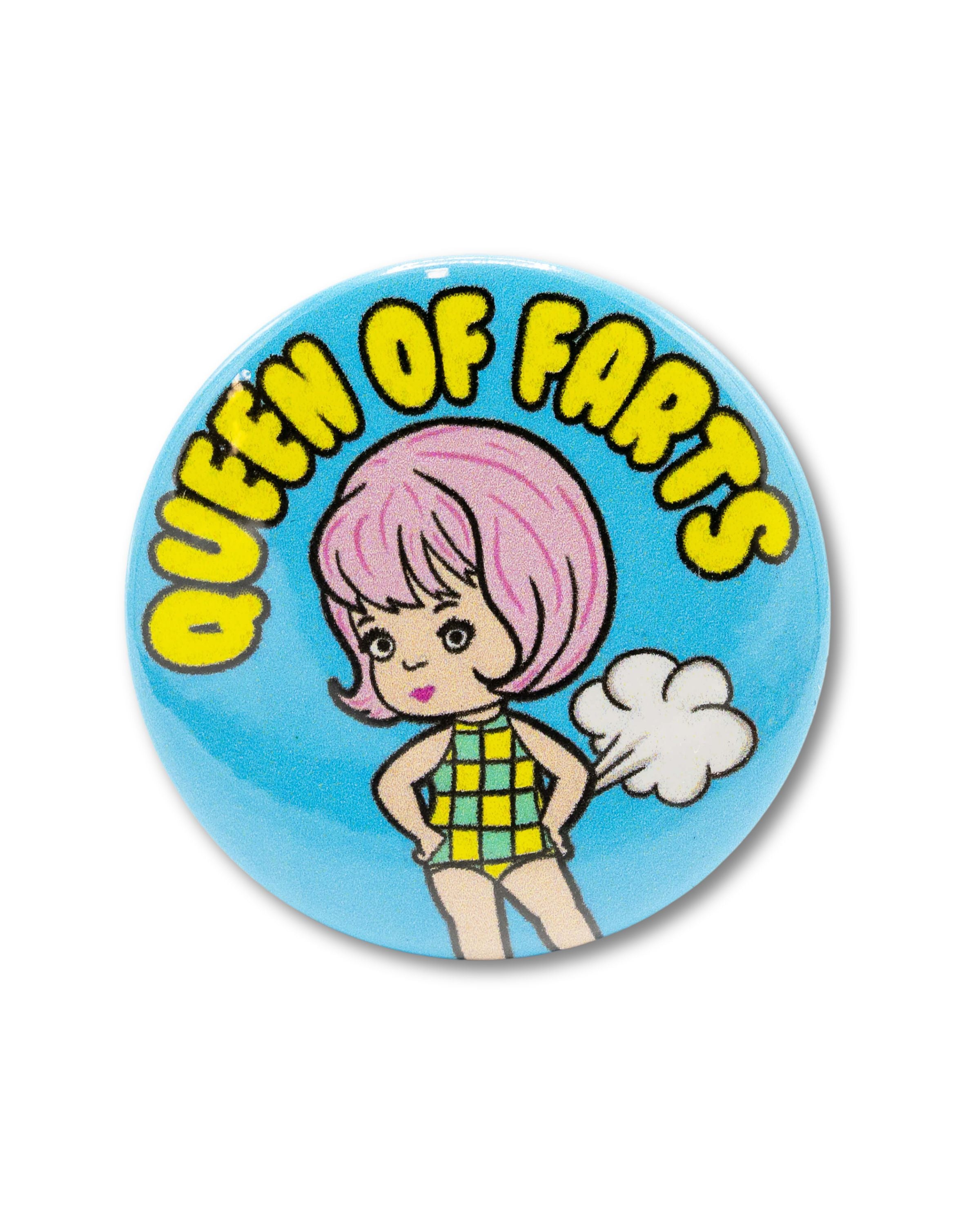 Blue button badge with cartoon character and 'Queen of Farts' yellow bubble text. Retro design from Bite Your Granny.