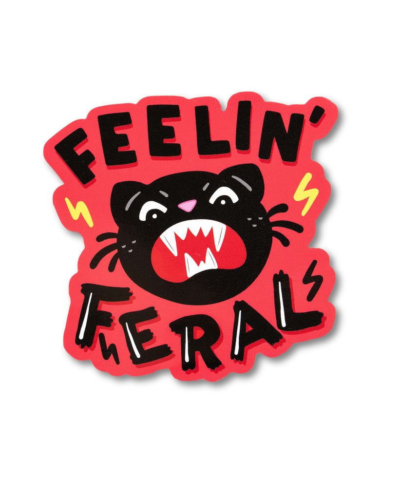 Vinyl sticker designed by Yasmin Cousins with a black cat growling with lightning bolts either side and 'Feelin' Feral' text on a red background.