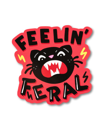 Vinyl sticker designed by Yasmin Cousins with a black cat growling with lightning bolts either side and 'Feelin' Feral' text on a red background.