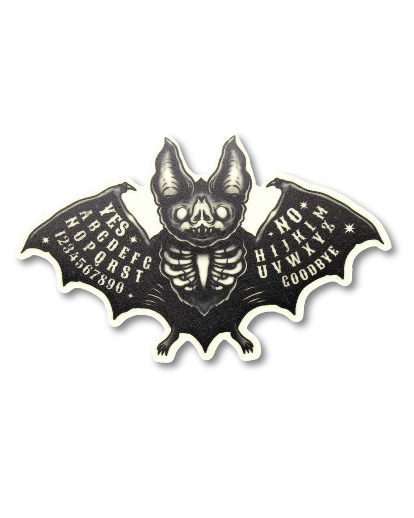 Glow in the dark bat sticker with ouija board detailing on the wings and white outline. Goth style and witchy sticker. 