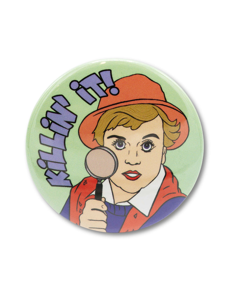 Green pocket circle mirror with Jessica Fletcher from Murder She Wrote holding a magnifying glass and blue text 'Killing it!'. A retro inspired 80s design from Bite Your Granny.