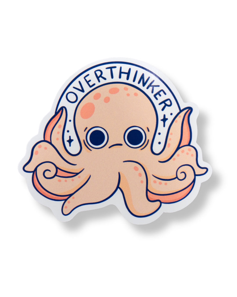 Sticker of an octopus with 'Overthinker' text on a white background