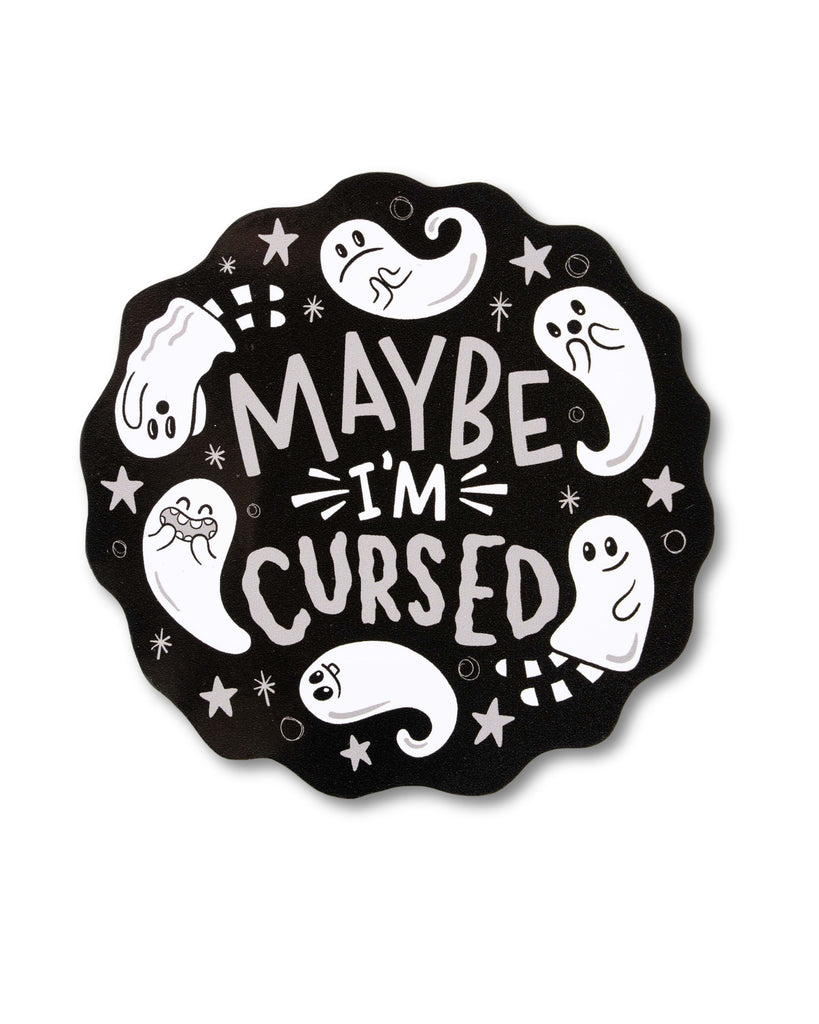 Black wiggly circle vinyl sticker with ghost illustrations and text 'Maybe I'm Cursed' on a white background. A vinyl sticker illustrated by Yasmin Cousins.
