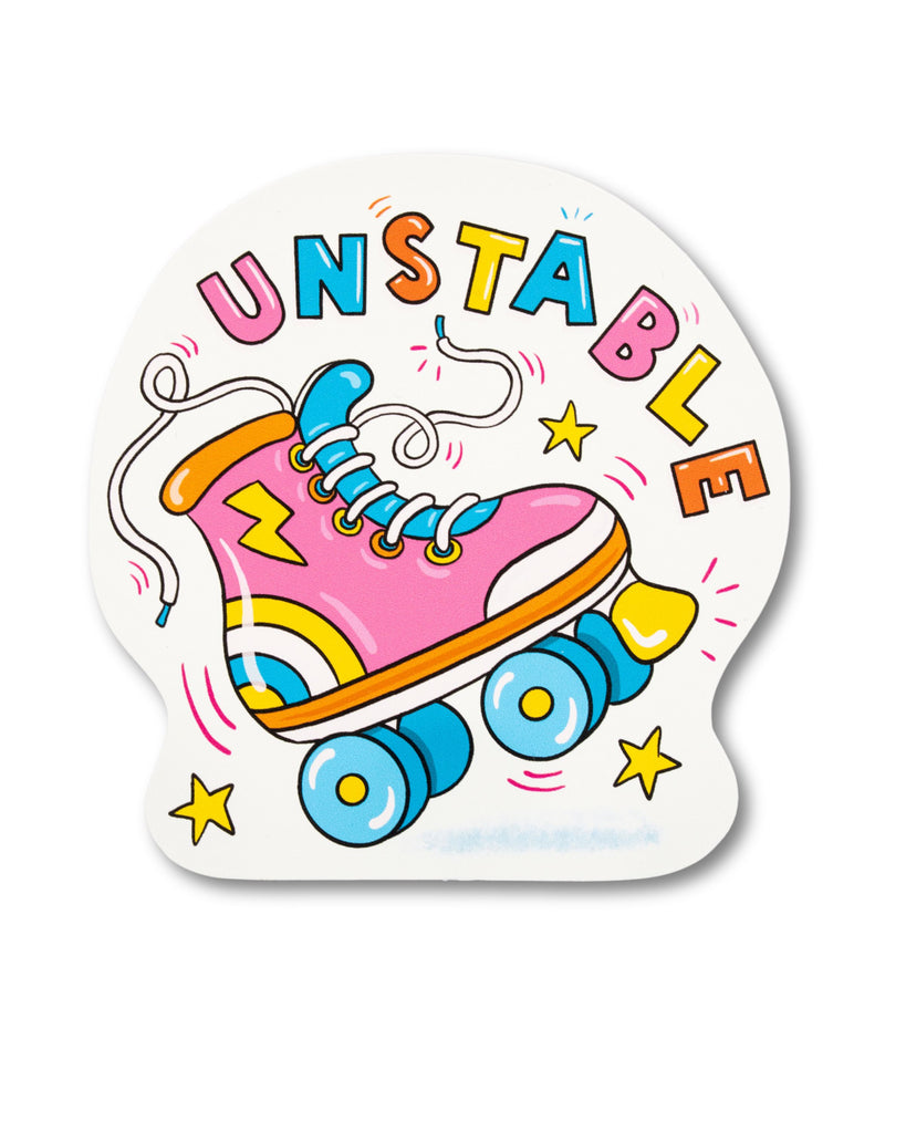 Colourful retro sticker from Yasmin Cousins with a pink, blue, orange and yellow rollerskate boot with bubble writing reading 'UNSTABLE' on a white background.