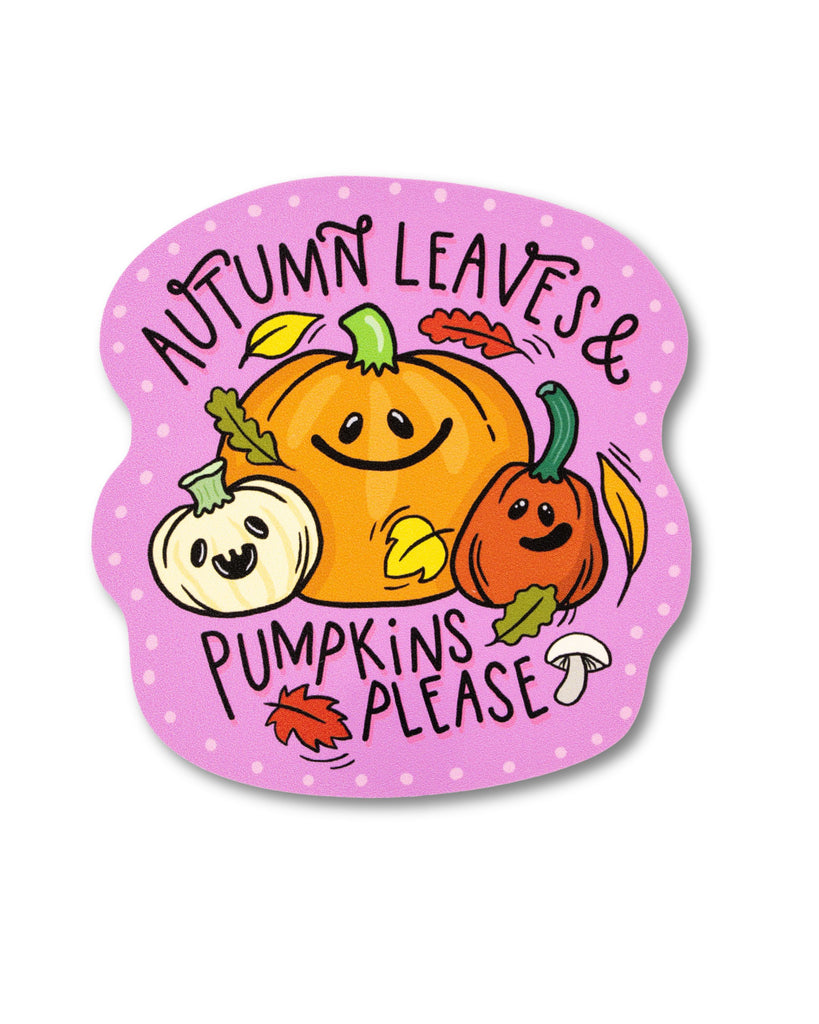 Yasmin Cousins autumn leaves and pumpkins please vinyl sticker. Pastel purple pink with three different coloured pumpkins with smiling faces, autumnal leaves, a mushroom and black text that reads 'autumn leaves & pumpkins please' with a polka dot outline.