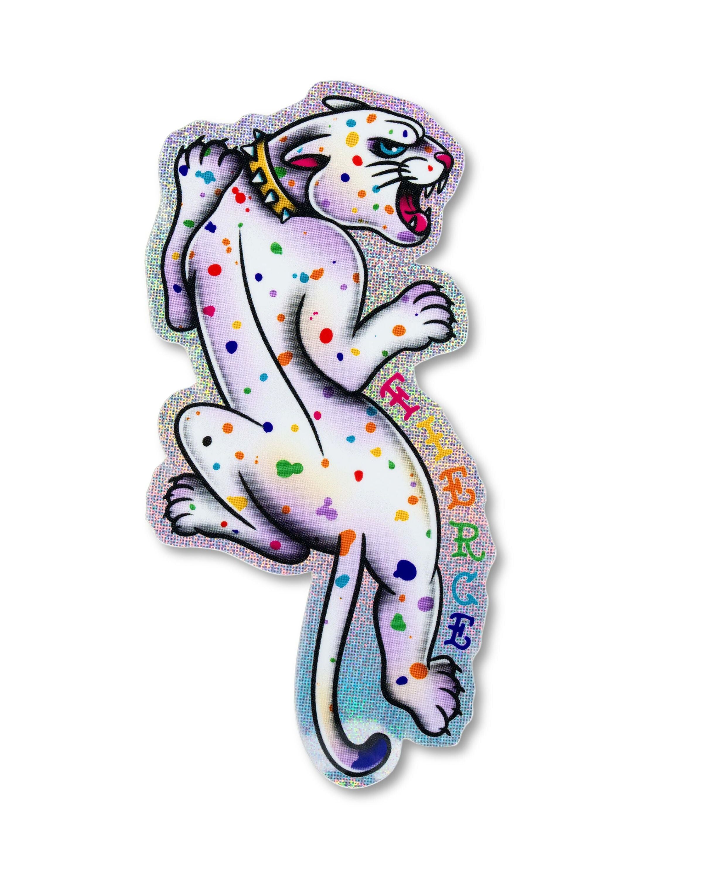 A holographic vinyl sticker shaped like a spotted white panther with rainbow-coloured dots, yellow collar, and sharp claws, with the word “FIERCE” written vertically in rainbow letters. Fun, queer, and bold in design.