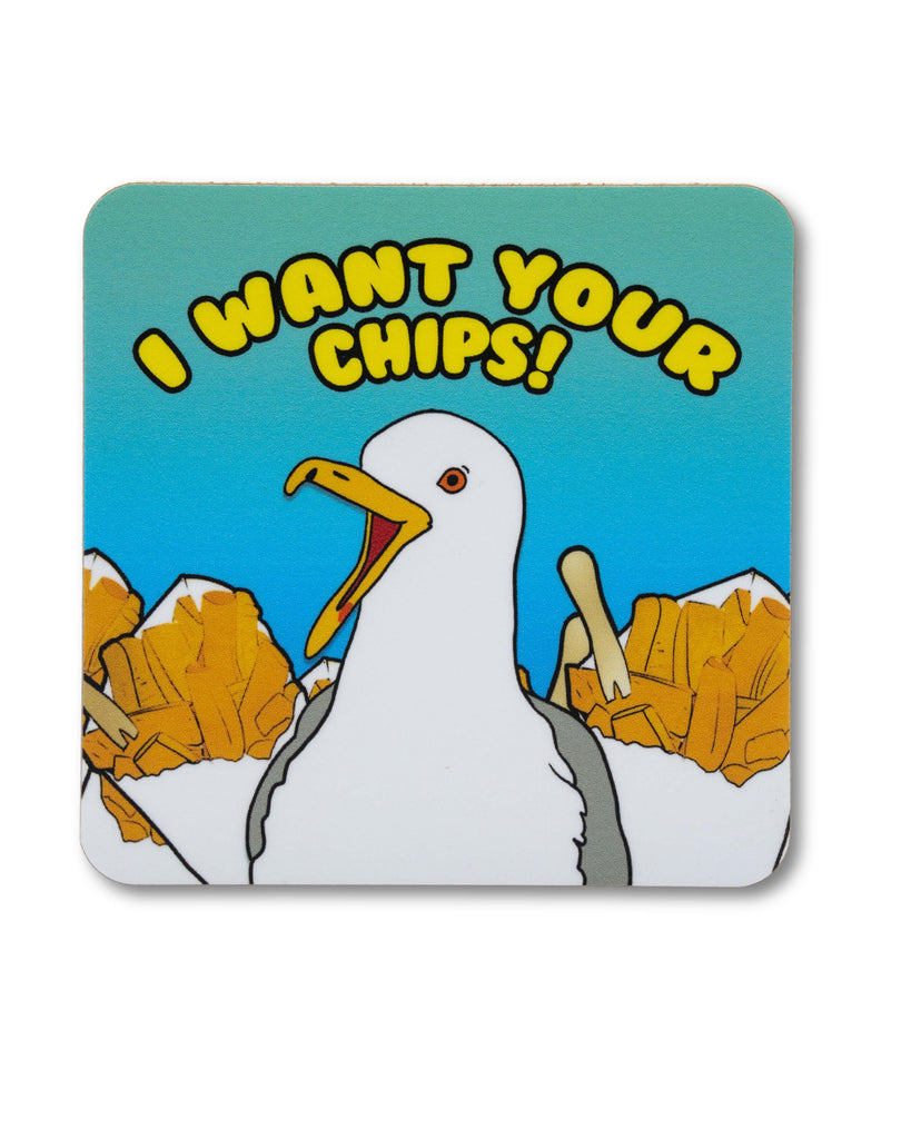 Turquoise to blue gradient coaster with a cartoon seagull amongst cones of seaside chips with yellow text that reads 'I Want Your Chips!'. A retro seaside design from Bite Your Granny.