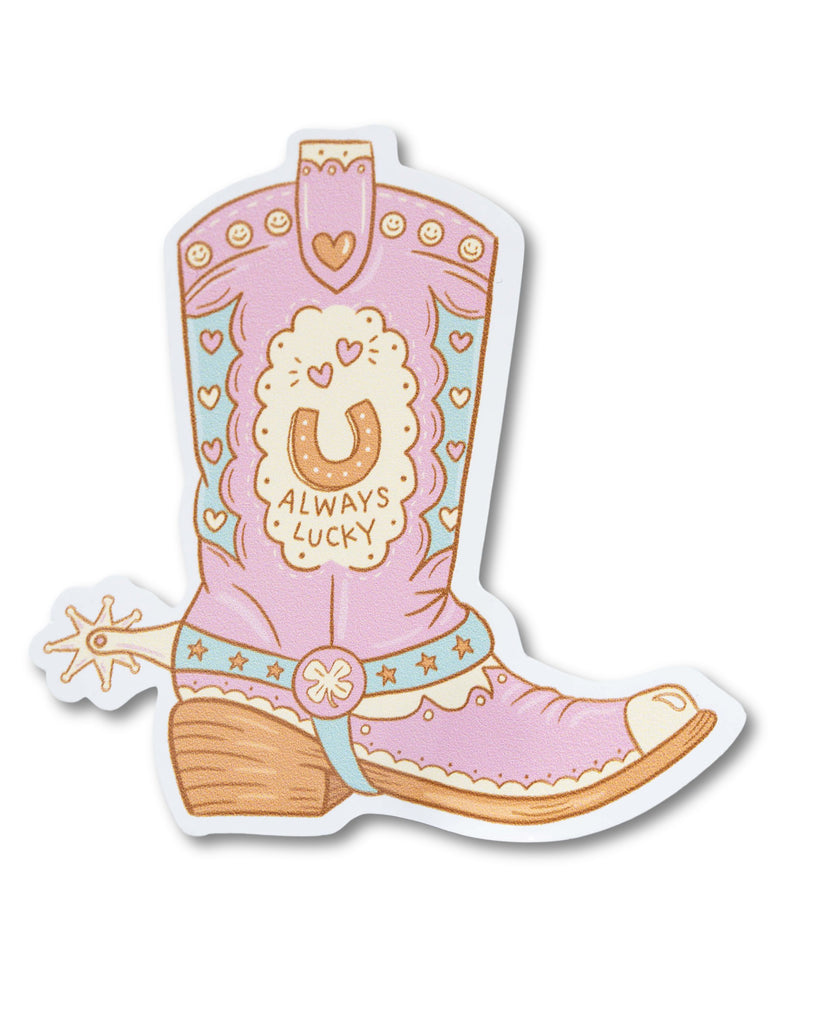 Pink cowboy boot vinyl sticker designed by Yasmin Cousins with 'Always Lucky' text in the middle of the design.