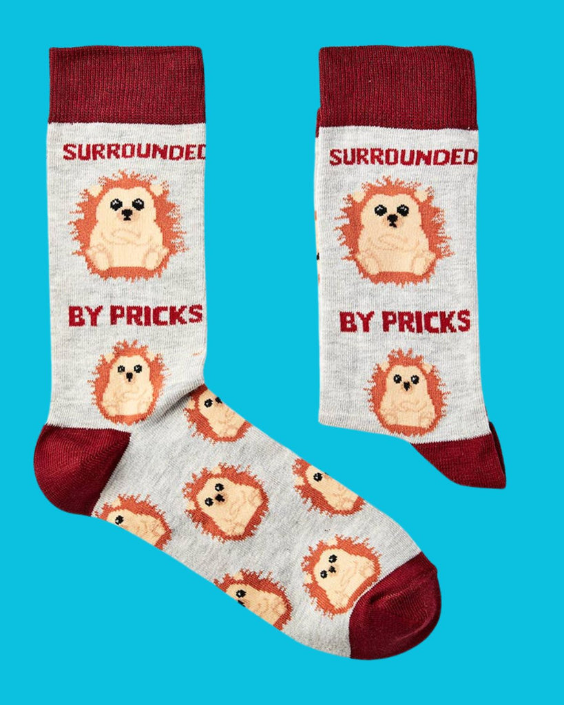 Pair of Urban Eccentric socks with repeated hedgehog motif and cheeky “Surrounded by Pricks” text, styled on bright blue background. Sold by Rebel Romance.