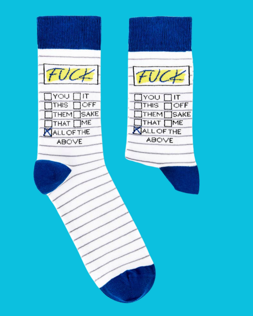 Pair of Urban Eccentric white striped socks with sarcastic Fck checklist graphic and blue accents. Fun gift idea sold by Rebel Romance.*