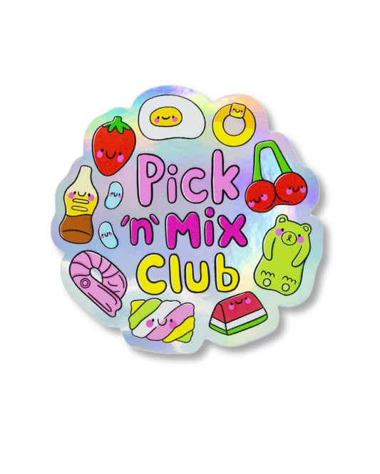 Holographic vinyl sticker by Rebel Romance featuring cute illustrated pick 'n' mix sweets like a gummy egg, strawberries, cherries, fizzy bottle, jelly bear, marshmallows, and more with smiley faces. Text reads "Pick 'n' Mix Club" in pastel colours. The sticker has a rainbow holographic shine and a fun, playful aesthetic. Designed by UK illustrator Kellylou. Great for decorating laptops, water bottles, and stationery.