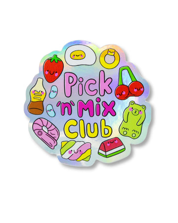 Holographic vinyl sticker by Rebel Romance featuring cute illustrated pick 'n' mix sweets like a gummy egg, strawberries, cherries, fizzy bottle, jelly bear, marshmallows, and more with smiley faces. Text reads "Pick 'n' Mix Club" in pastel colours. The sticker has a rainbow holographic shine and a fun, playful aesthetic. Designed by UK illustrator Kellylou. Great for decorating laptops, water bottles, and stationery.
