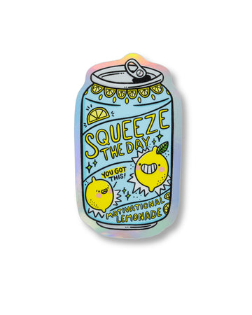 Holographic vinyl sticker shaped like a fizzy drink can, designed by Kellylou and sold by Rebel Romance. The can reads “Squeeze the Day” with two happy lemon characters and the phrase “Motivational Lemonade” in bold text. One lemon shouts “You got this!” The background is iridescent with pastel rainbow tones. A quirky, positive sticker perfect for laptops, water bottles or notebooks.