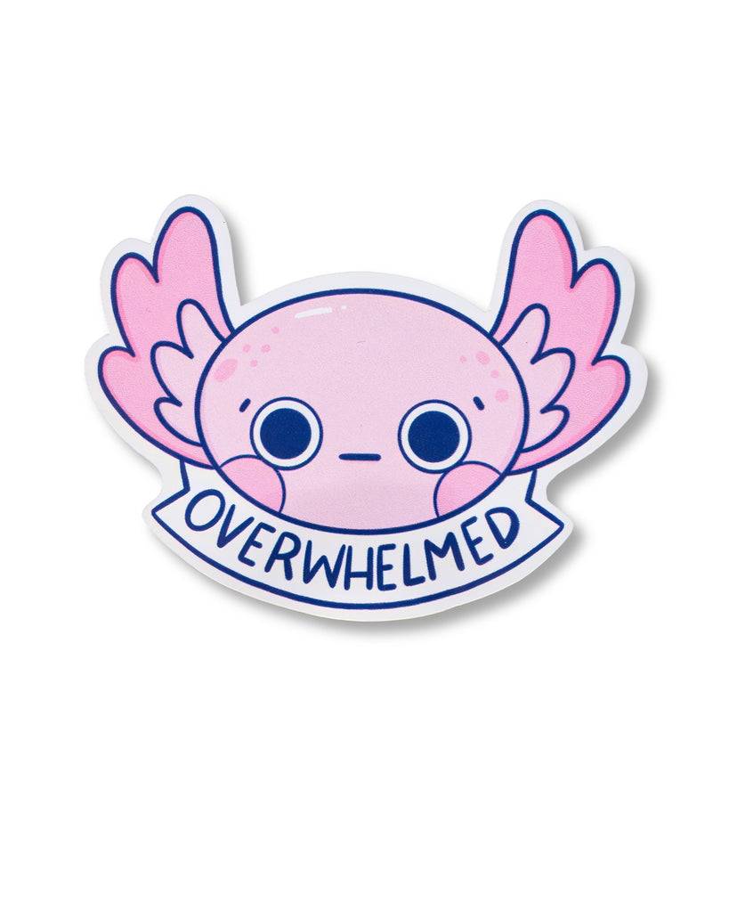 Cute pink axolotl illustration sticker with wide eyes and blushing cheeks holding a banner that says “Overwhelmed”. Designed by Kellylou, this glossy sticker is sold by Rebel Romance, a UK brand celebrating alternative fashion and gifts for millennials. Ideal for journalling, laptops, or mental health positivity.