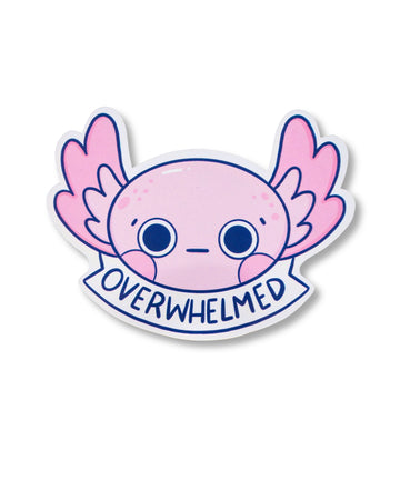 Cute pink axolotl illustration sticker with wide eyes and blushing cheeks holding a banner that says “Overwhelmed”. Designed by Kellylou, this glossy sticker is sold by Rebel Romance, a UK brand celebrating alternative fashion and gifts for millennials. Ideal for journalling, laptops, or mental health positivity.