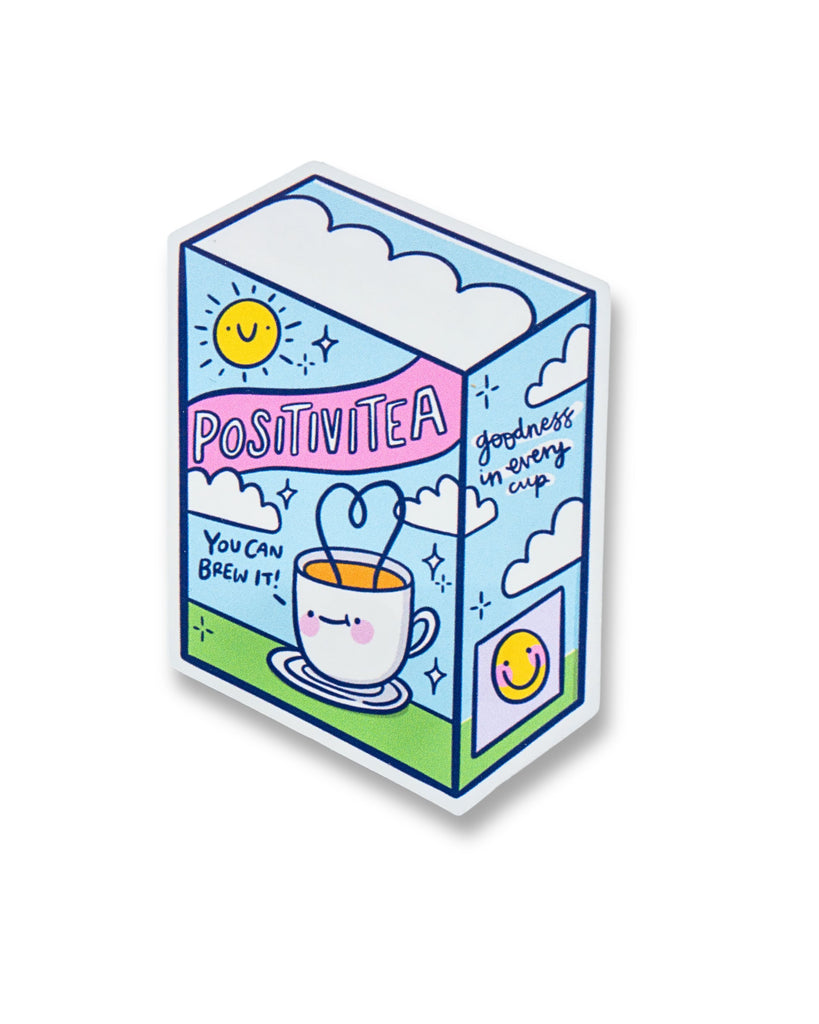 Glossy vinyl sticker in the shape of a pastel tea box featuring a cute smiling cup of tea with the words “Positivitea,” “You can brew it!” and “Goodness in every cup.” Illustrated by Kellylou for Rebel Romance, a UK small business celebrating alternative style and playful design. Ideal for decorating laptops, notebooks, or gifting to a friend who loves cute, punny art.