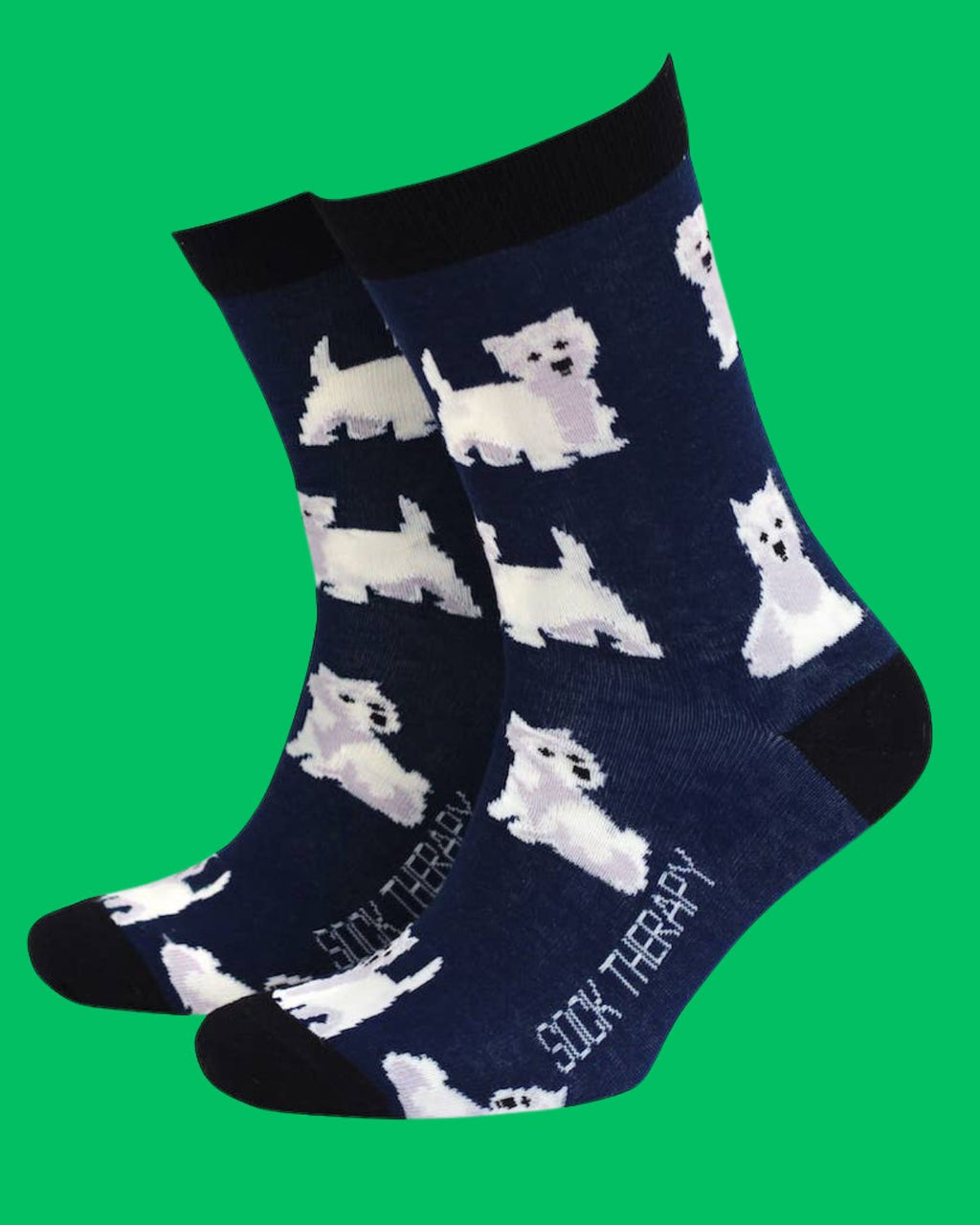 Navy bamboo socks by Smiling Faces with a cute Westie dog print and black heel, toe, and cuff. Made from sustainable materials, available from Rebel Romance.