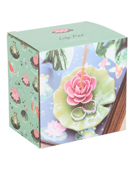 Beautifully packaged ceramic lily pad incense stick holder and trinket dish. The decorative box features illustrations of koi fish, frogs, and blooming water lilies, making it a perfect gift for nature lovers.