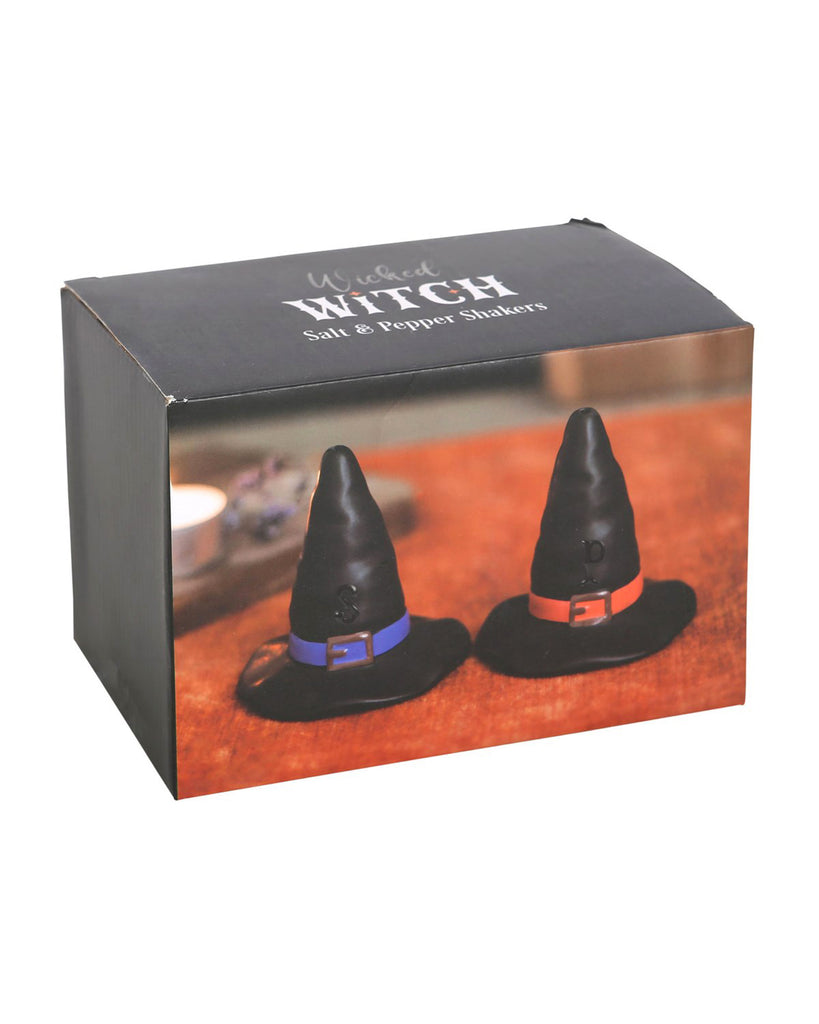 A pair of black ceramic salt and pepper shakers shaped like classic witch hats. Made from dolomite and designed for Halloween or gothic kitchen decor. Each shaker is food safe and measures approximately 7.5cm high by 7cm wide. A fun, spooky addition to seasonal dining or witch-themed interiors.