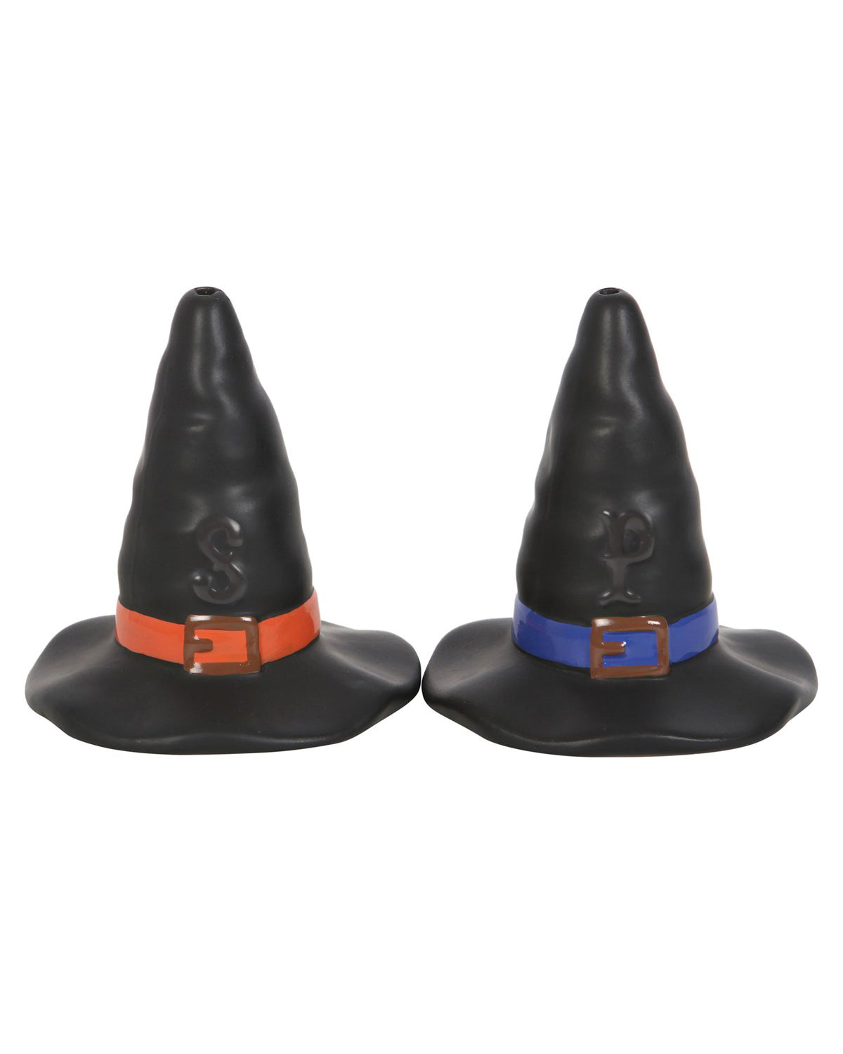 A pair of black ceramic salt and pepper shakers shaped like classic witch hats. Made from dolomite and designed for Halloween or gothic kitchen decor. Each shaker is food safe and measures approximately 7.5cm high by 7cm wide. A fun, spooky addition to seasonal dining or witch-themed interiors.