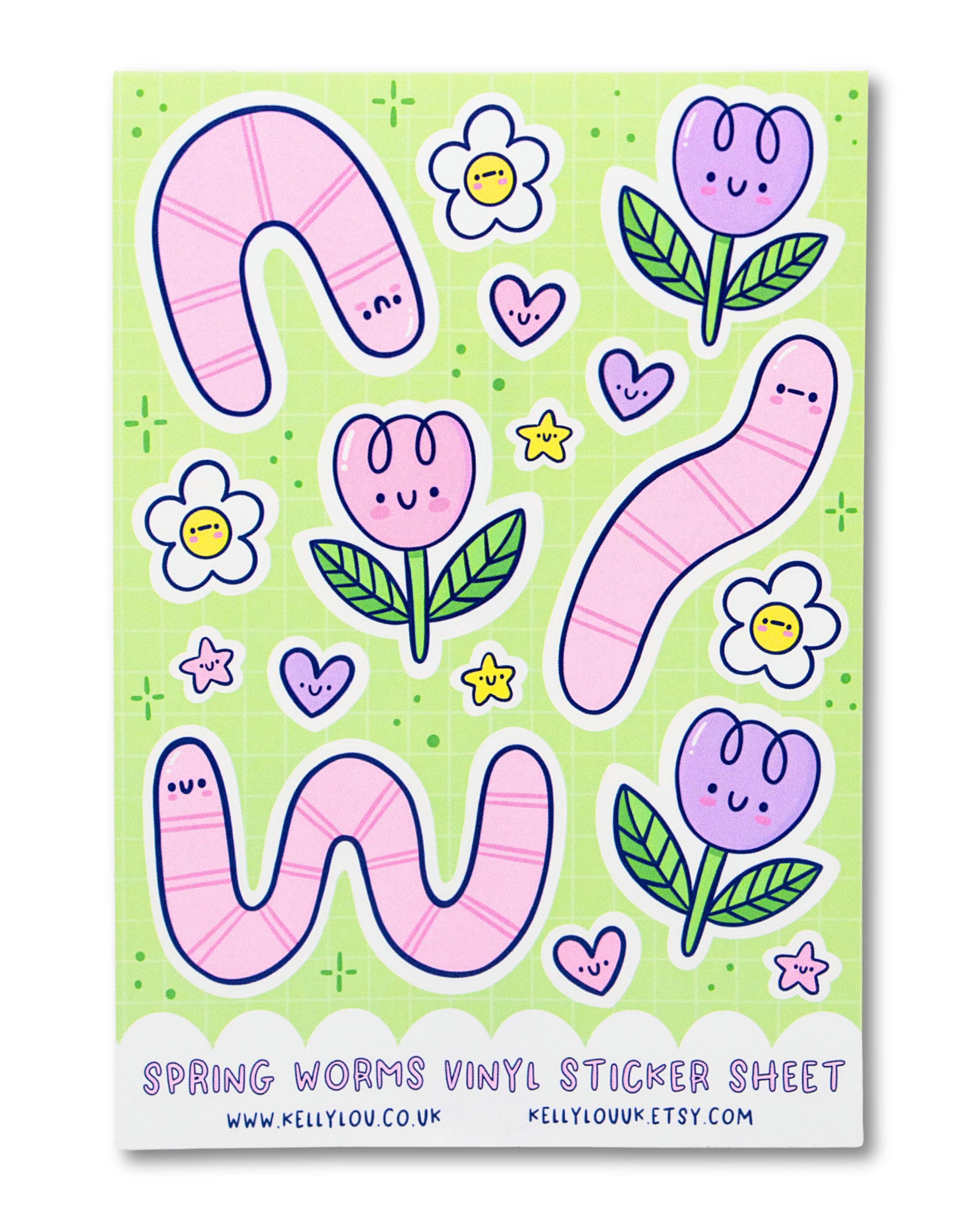 Sticker sheet with spring-themed designs including worms, flowers, and hearts on a green background.