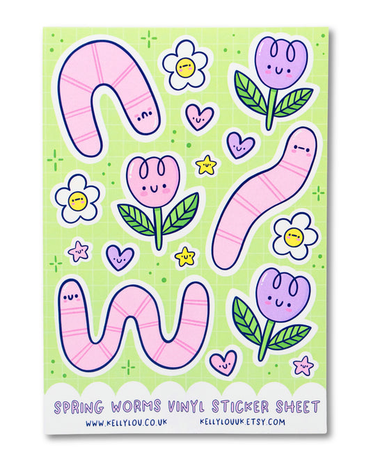 Sticker sheet with spring-themed designs including worms, flowers, and hearts on a green background.