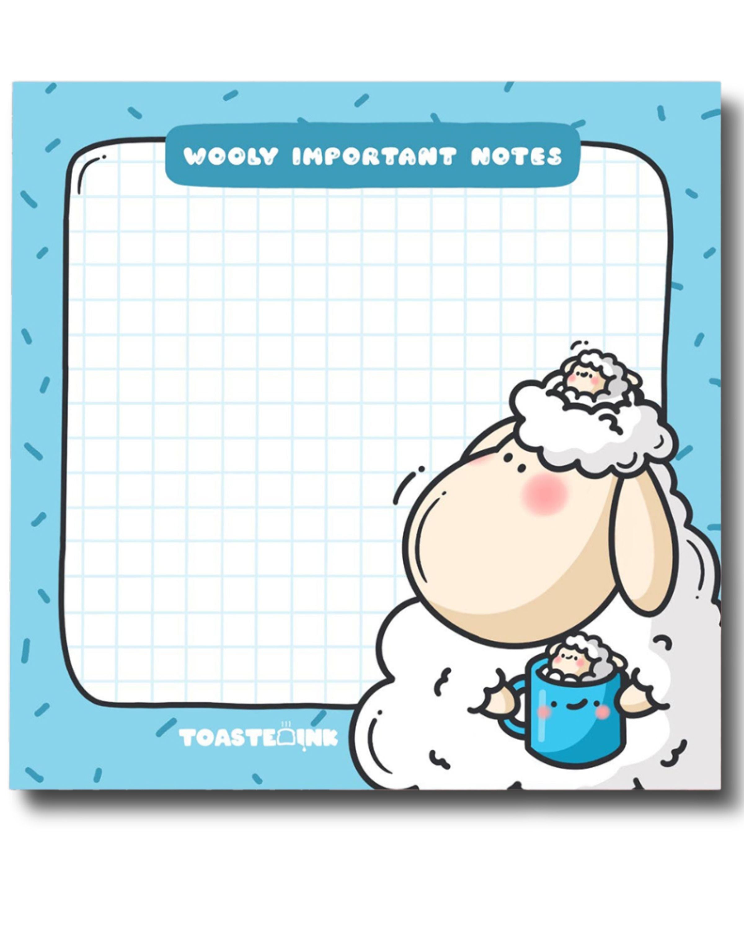Toastedink sticky note pad from Rebel Romance featuring a cute sheep holding a mug on a fluffy cloud. Blue border with sprinkles, grid paper centre, and the words “Wooly Important Notes”. Displayed on a pastel pink background with stationery.