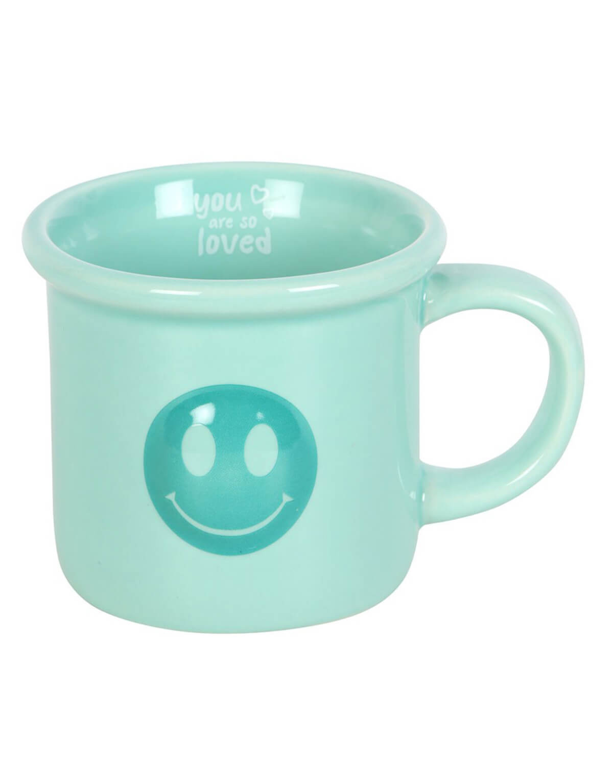 Front view of the mug showing the blue smiley face and the flared rim.