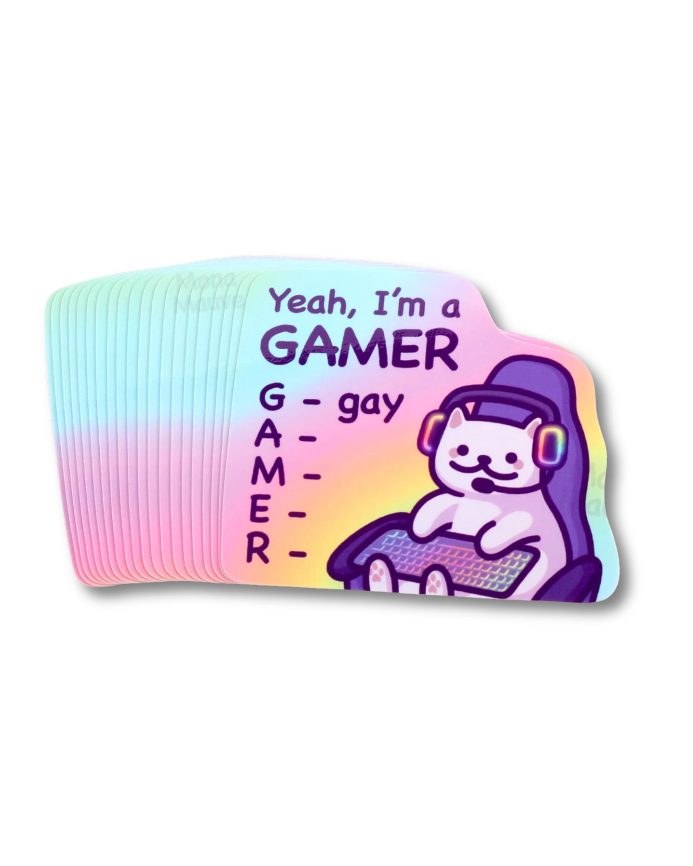 Colorful wristband with a cat graphic and text on a white background