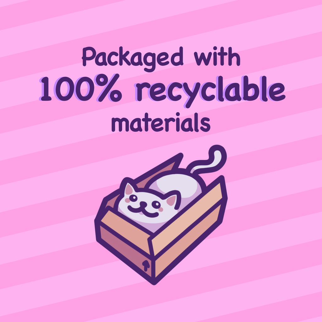 Graphic with text reading "Packaged with 100% recyclable materials" above an illustration of a happy cartoon cat in a cardboard box. Pink striped background. Used to promote sustainable, eco-conscious packaging for small artist products.