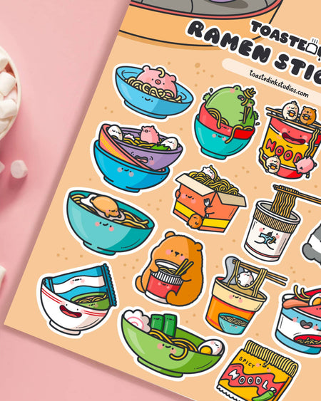 Close-up of Toastedink’s Ramen Noodles Sticker Sheet, showing cute bowls of ramen and instant noodle pots with cartoon faces. Fun kawaii stationery stocked at Rebel Romance in the UK.