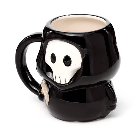 Front angled shot of the Skull Boy mug showing a partial view of its white skull face and robe detailing. This unique cup from Rebel Romance is perfect for lovers of gothic and Halloween aesthetics.