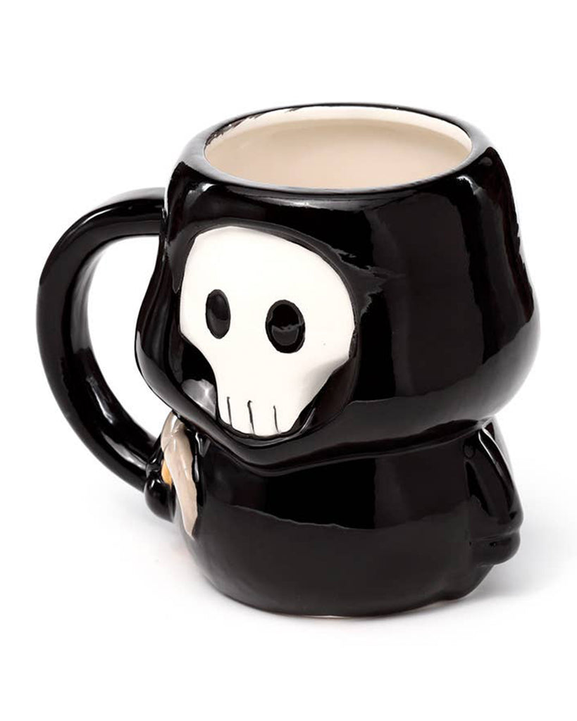 Front angled shot of the Skull Boy mug showing a partial view of its white skull face and robe detailing. This unique cup from Rebel Romance is perfect for lovers of gothic and Halloween aesthetics.