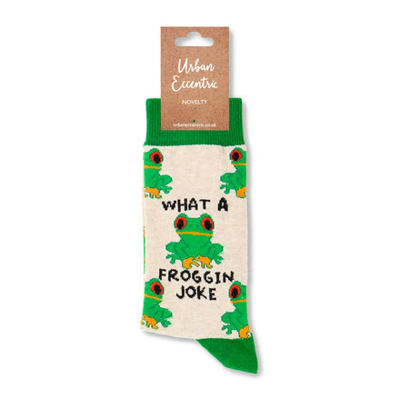 Urban Eccentric novelty socks folded with branded label. Features green frogs and a cheeky pun design. Available from Rebel Romance.
