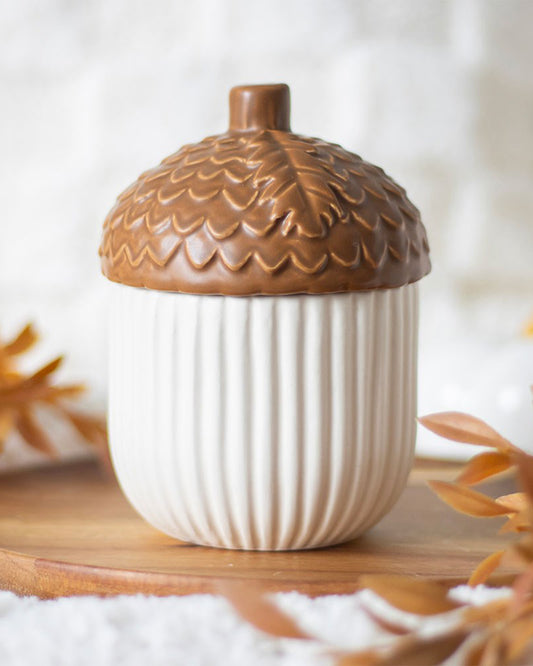 Autumn Acorn Ceramic Storage Jar with lid on, displayed in a cosy autumn setting. A beautiful and practical Rebel Romance home accessory, perfect for adding seasonal warmth to your kitchen or living room.