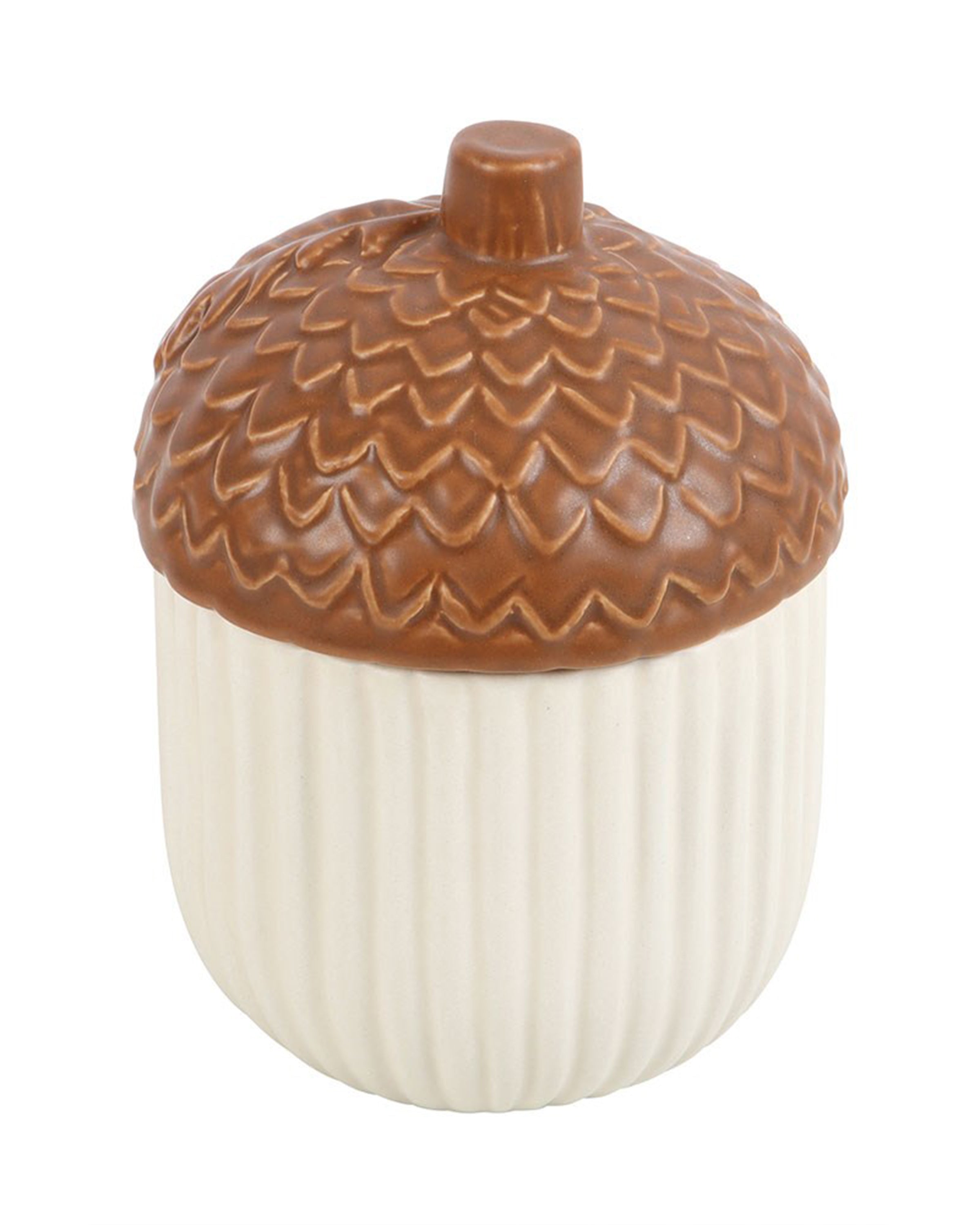Autumn Acorn Ceramic Storage Jar by Rebel Romance, a small UK brand celebrating alternative style. This cream and brown acorn-shaped jar with a textured lid adds cosy autumn charm to kitchens or living spaces, ideal for storing snacks or trinkets.
