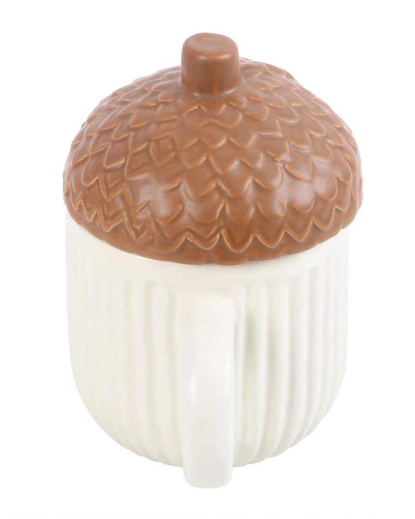 Back view of Rebel Romance's Autumn Acorn Shaped Mug. Features a curved handle and a textured acorn lid, ideal for cosy autumn sips and Instagram-worthy kitchens.