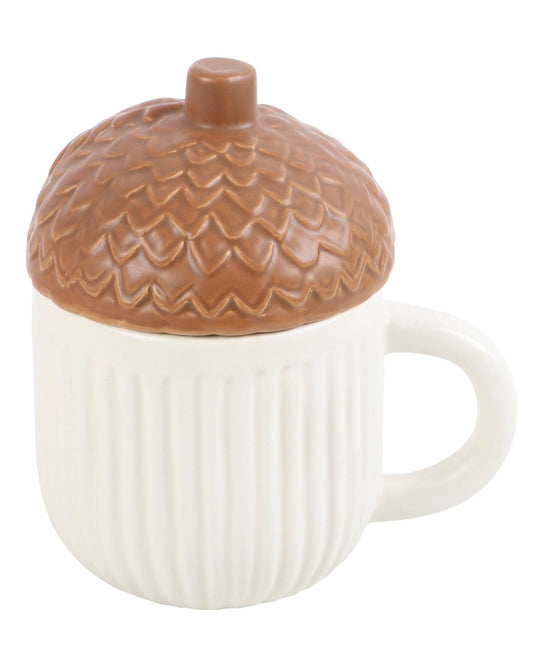 Side view of the Rebel Romance Autumn Acorn Shaped Mug. Features a wide handle, textured brown acorn lid, and vertical ribbed body, bringing woodland charm to your drinkware.
