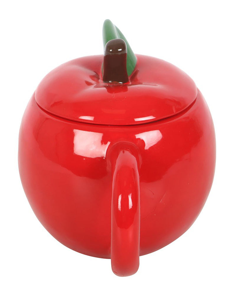 Rear view of the apple-shaped mug showing the full curved handle and lid from the back.