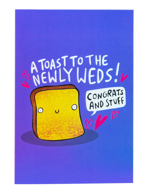 Congratulations newly weds A6 greetings card featuring a slice of toast with smiley face on purple background with pink hearts by Katie Abey. Available on Rebel Romance