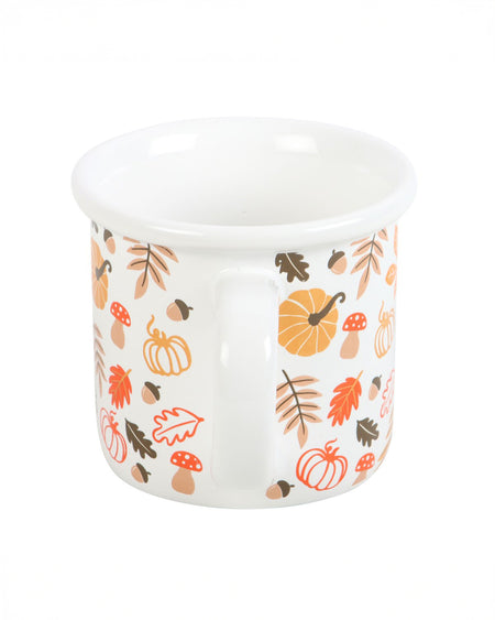 The back view of the mug, showing its sturdy white handle and the seamless continuation of the autumn-inspired pattern.