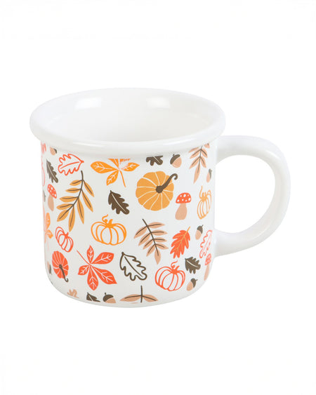 A side view of the Autumn Leaves and Pumpkins Mug, showcasing its charming print of pumpkins, acorns, toadstools, and autumn leaves in warm shades of orange, red, and brown on a white background.