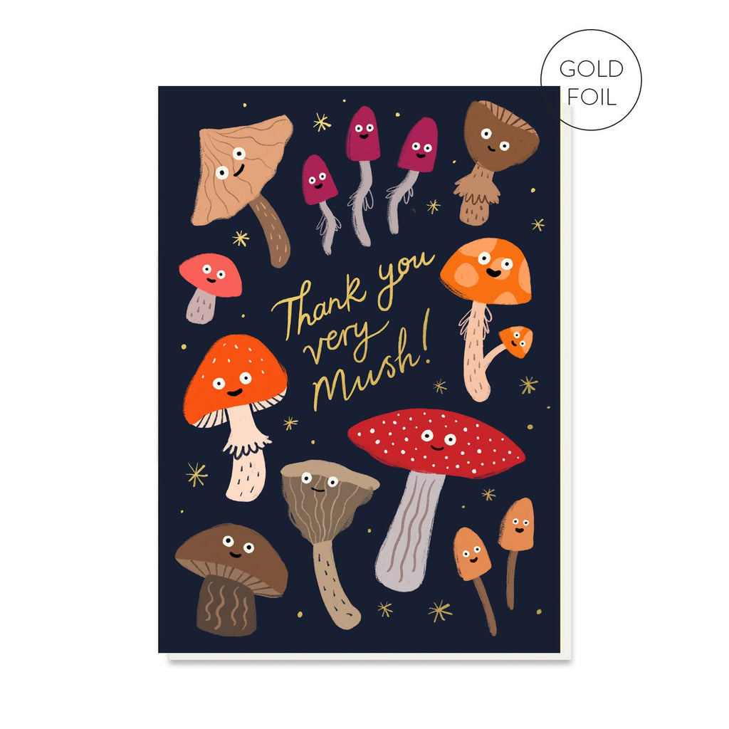 A dark blue thank you card featuring a variety of colourful, smiling mushrooms with the text “Thank You Very Mush!” in gold foil, surrounded by star accents. The card is paired with a recycled warm white envelope.