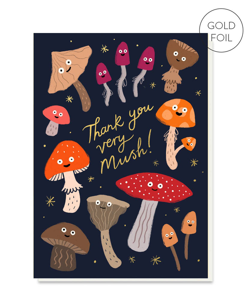 A dark blue thank you card featuring a variety of colourful, smiling mushrooms with the text “Thank You Very Mush!” in gold foil, surrounded by star accents. The card is paired with a recycled warm white envelope.