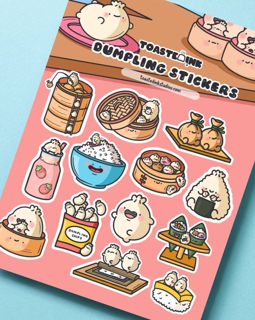 Bright and cheerful dumpling vinyl sticker sheet by Toastedink with kawaii foodie characters including dim sum, sushi and snacks. Ideal for decorating planners, laptops and more. Stocked by Rebel Romance, a small UK brand celebrating alternative aesthetics.
