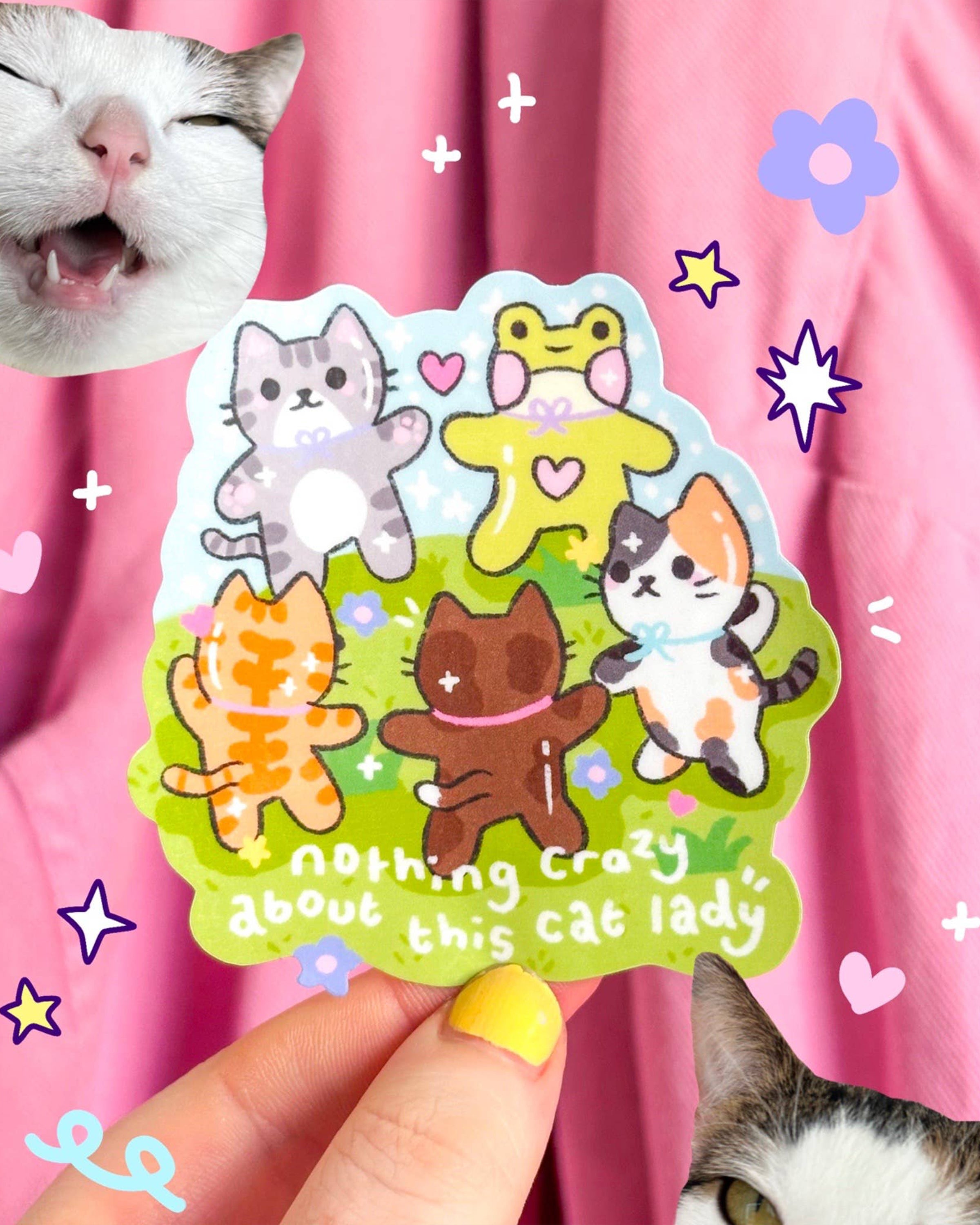 Playful vinyl sticker with cartoon cats and a frog, captioned “nothing crazy about this cat lady,” surrounded by whimsical cat photos and doodles on a pink background. Sold by Rebel Romance, a UK small business offering quirky gifts, fashion and homeware for millennial weirdos.