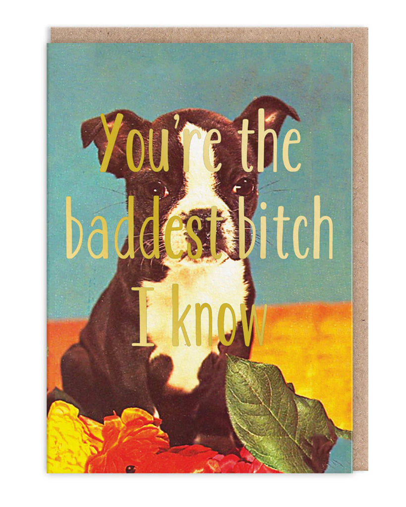 Retro-style greeting card featuring a sassy Boston Terrier dog with bold gold foil text that reads “You’re the baddest bitch I know.” Set against a vintage-inspired colourful background with flowers and a blue sky. A6 size with brown kraft envelope. Perfect for Rebel Romance, a small UK brand celebrating alternative style and fierce friendships.