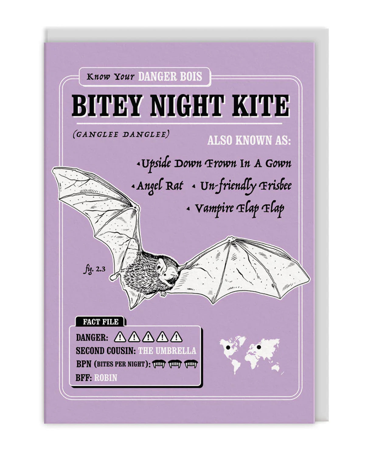 Illustrated A6 gothic greeting card from Rebel Romance featuring a bat with wings spread, labelled as “Bitey Night Kite” with funny alternative names like “Upside Down Frown In A Gown” and “Un-friendly Frisbee.” Set against a pastel purple background, it includes whimsical danger ratings, a global bat map, and a pastel grey envelope. Designed by Danger Bois. Perfect for alternative stationery lovers and bat fans.