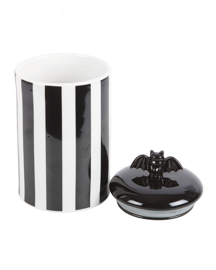 The striped storage jar with the lid removed, revealing its spacious interior. The perfect storage solution for biscuits, sweets, or gothic home trinkets.